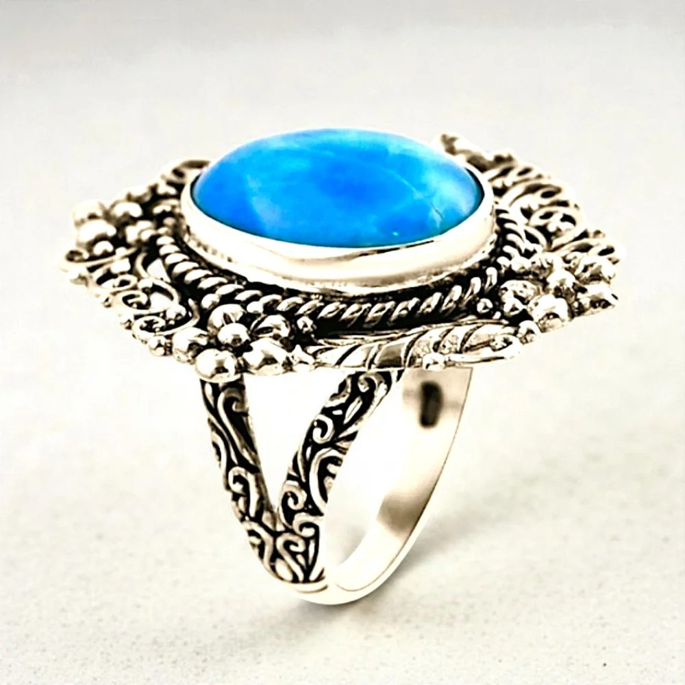 Sterling Silver 13.15 ctw Larimar Ring Artisan Created - Picture 5 of 6
